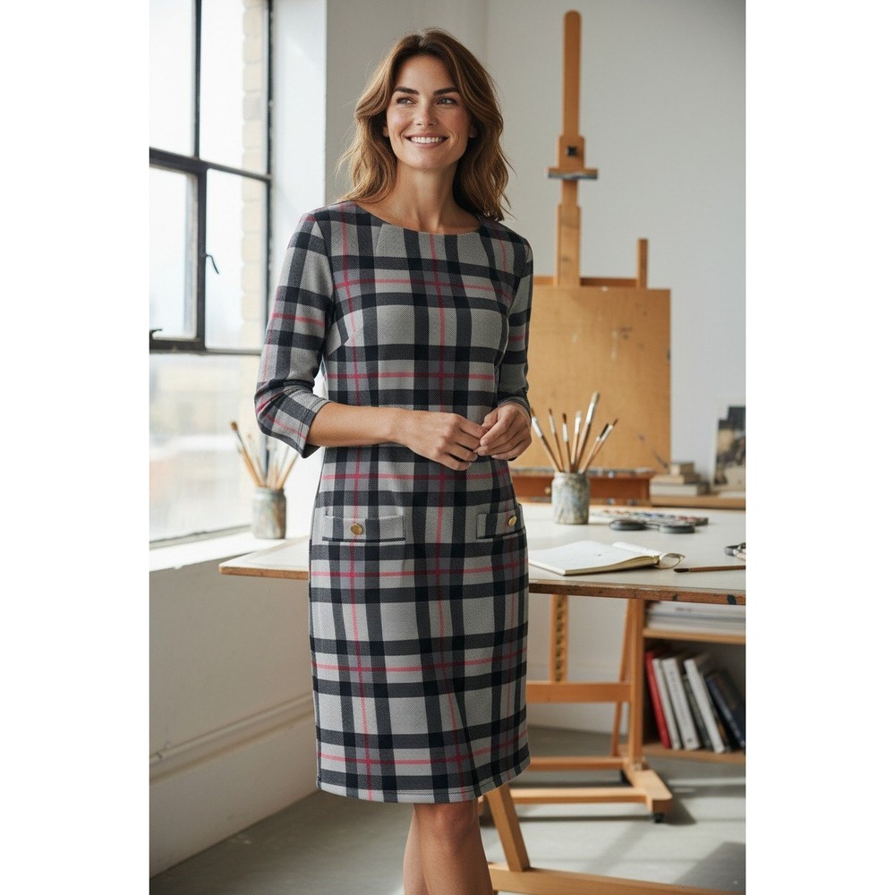 Jude Connally Shift Dress Women Grey Black Red Plaid 3/4 Sleeve Stretch Size S